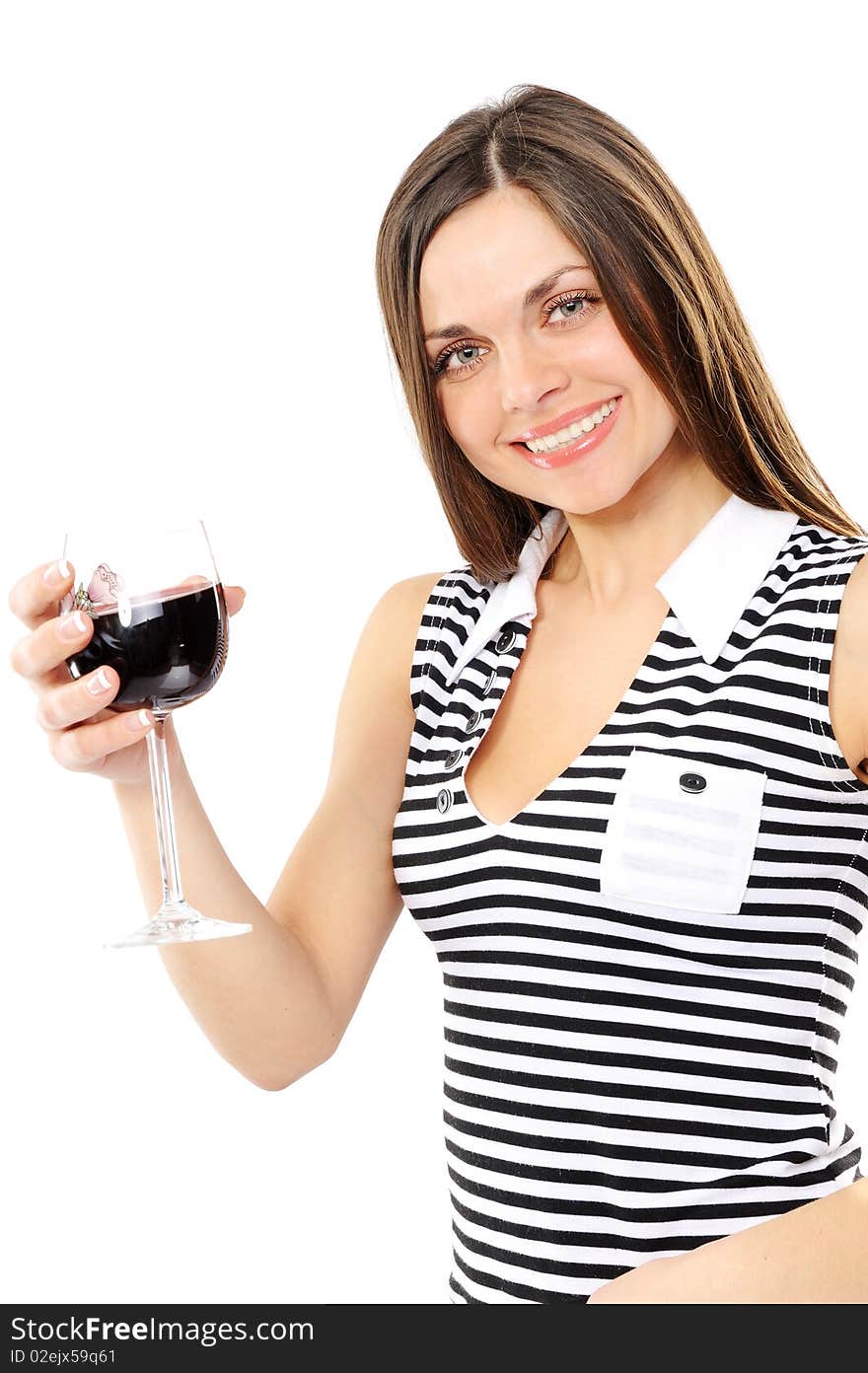 Portrait of beautiful woman with glass red wine on a white background