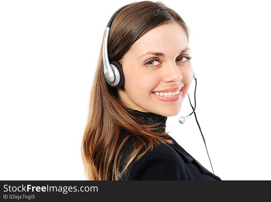 Female customer service representative in headset, separately on white background