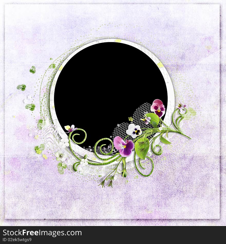 Round violet spring frame with colour heartsease