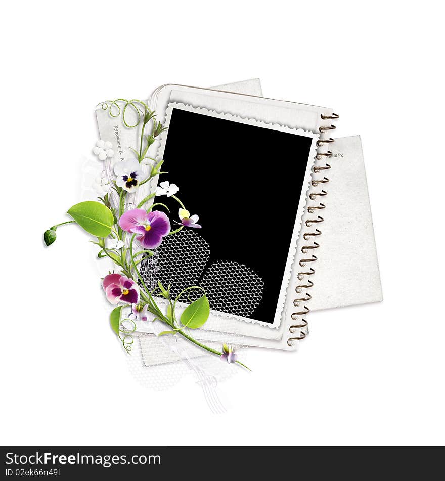 Spring frame and paper stack with colour heartsease on the white background. Spring frame and paper stack with colour heartsease on the white background