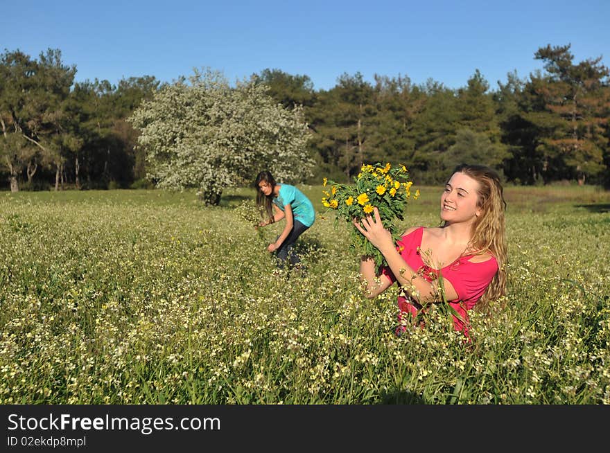 Two beautiful young women standing in meadow