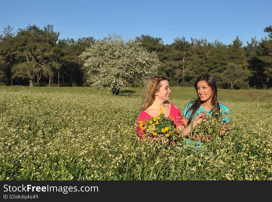 Two beautiful young women standing in meadow