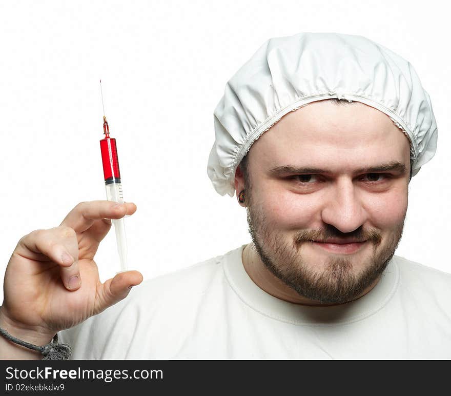 Crazy Doctor with syringe on white