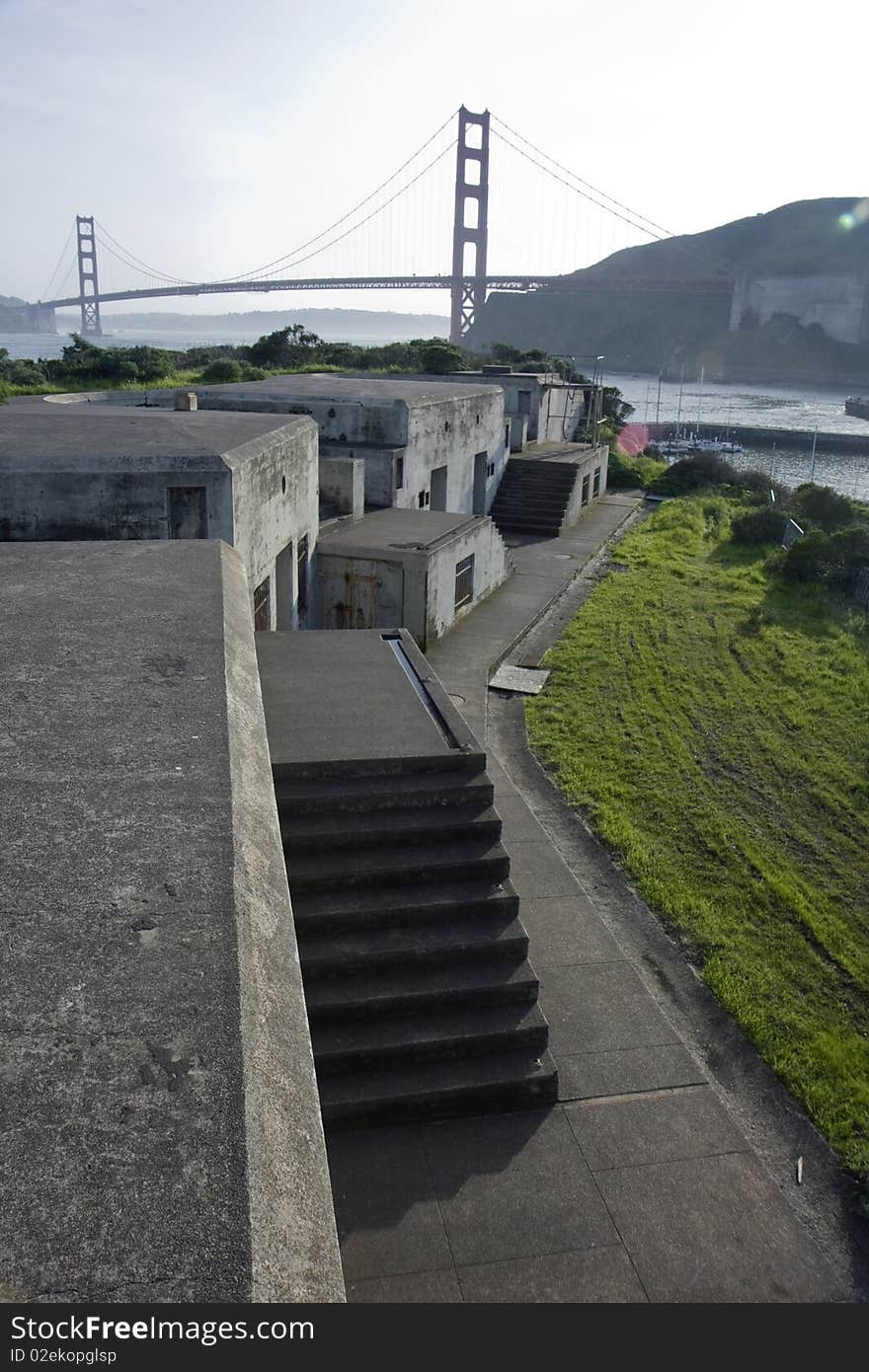 View next to San Francisco Golden Gate Bridge with the bunkers. View next to San Francisco Golden Gate Bridge with the bunkers