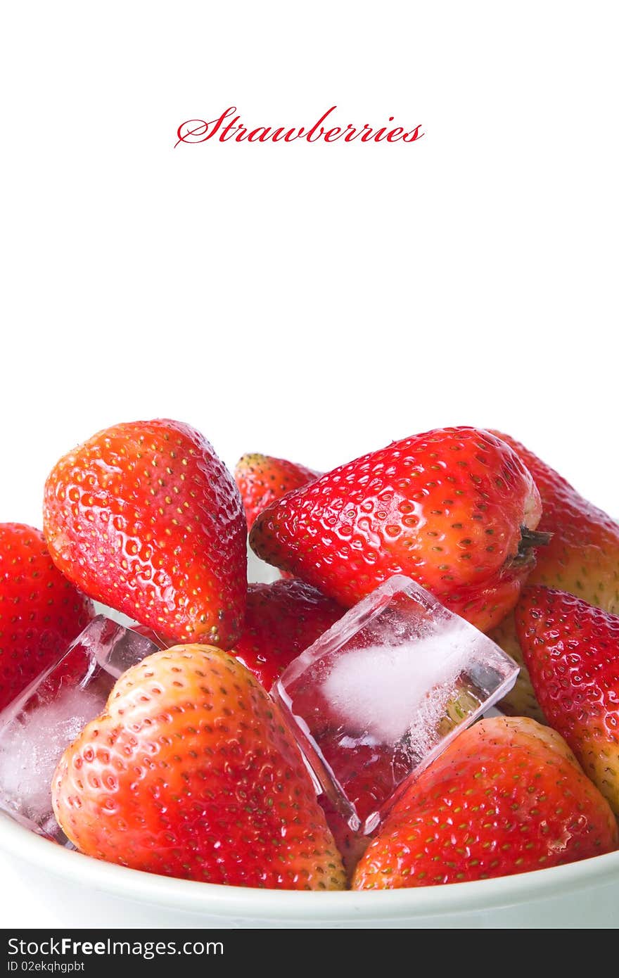 Ice cubes and strawberries on white background