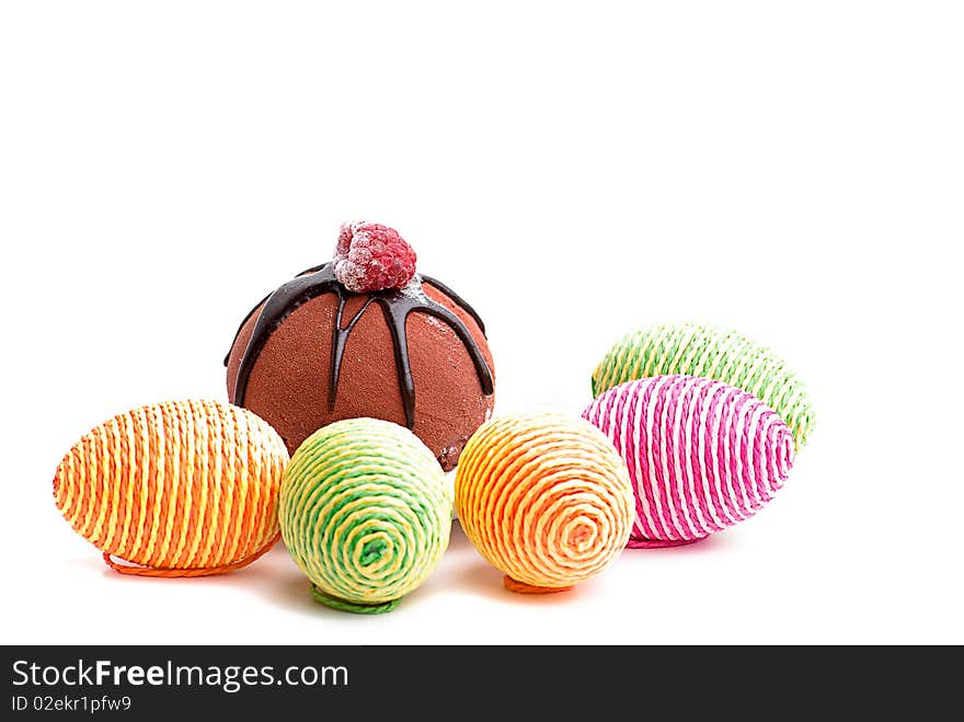 Easter cake and color eggs isolated on white background. Easter cake and color eggs isolated on white background