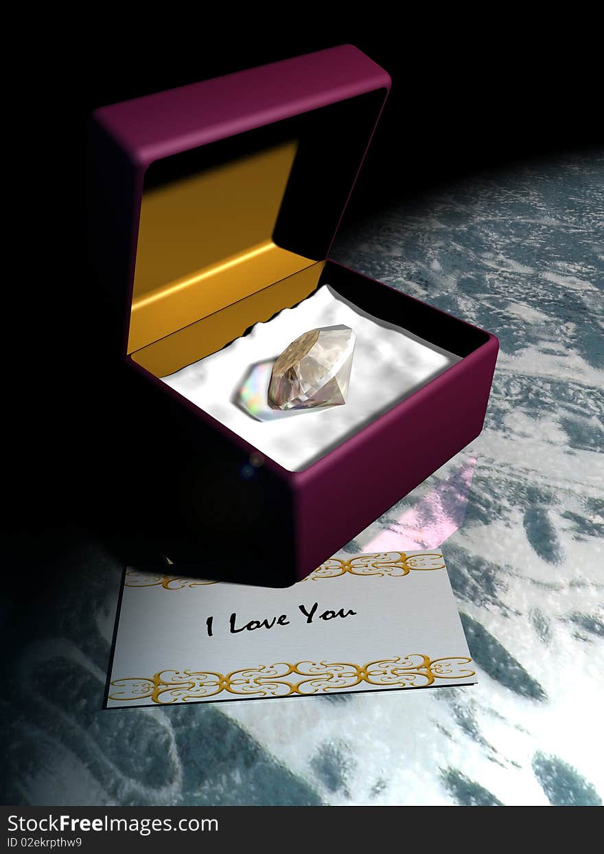 A diamond rests in a purple box, on a glass table, with a card saying I Love You. A diamond rests in a purple box, on a glass table, with a card saying I Love You