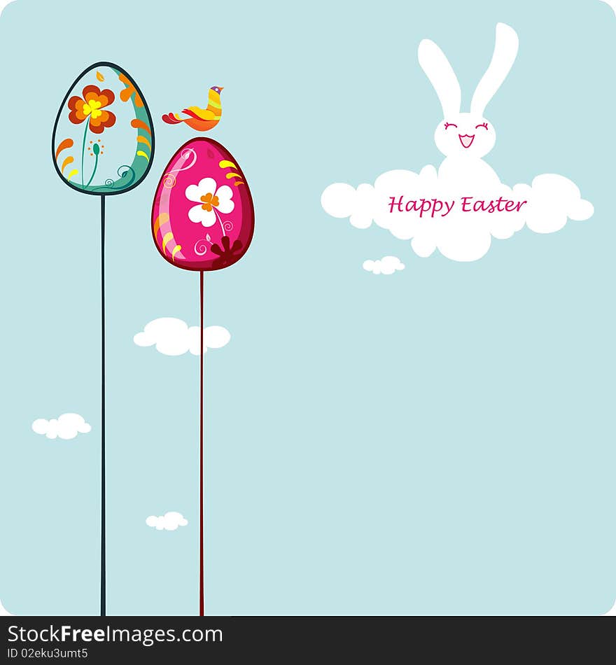 Easter card template - cloud shape bunny with colored eggs