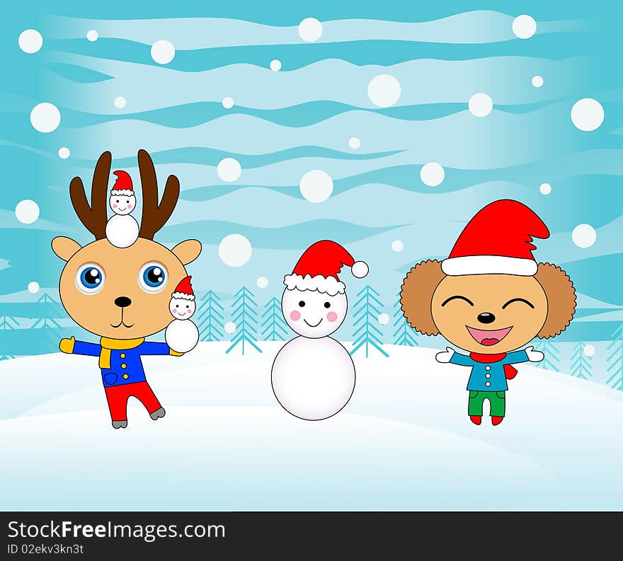 A vector illustration of two cartoon animals playing under the snowfall. A vector illustration of two cartoon animals playing under the snowfall