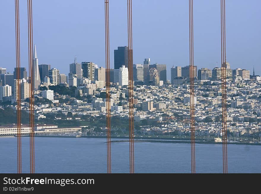 View next to San Francisco Golden Gate Bridge to the city. View next to San Francisco Golden Gate Bridge to the city