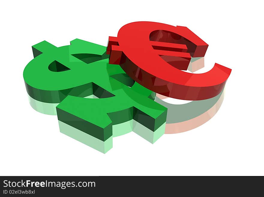 Illustration of money, dollar and euro, near against each other