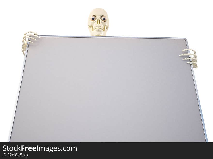 Skeleton holding a billboard. with clipping path.