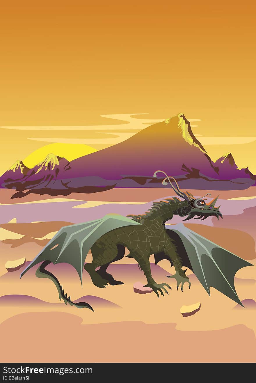 Green dragon in the rocky desert. Green dragon in the rocky desert