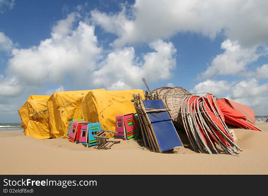 Stacked beach chairs on the beach at Scheveningen, Holland