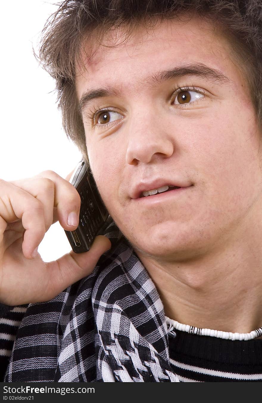 Young man on the phone, isolated on white background