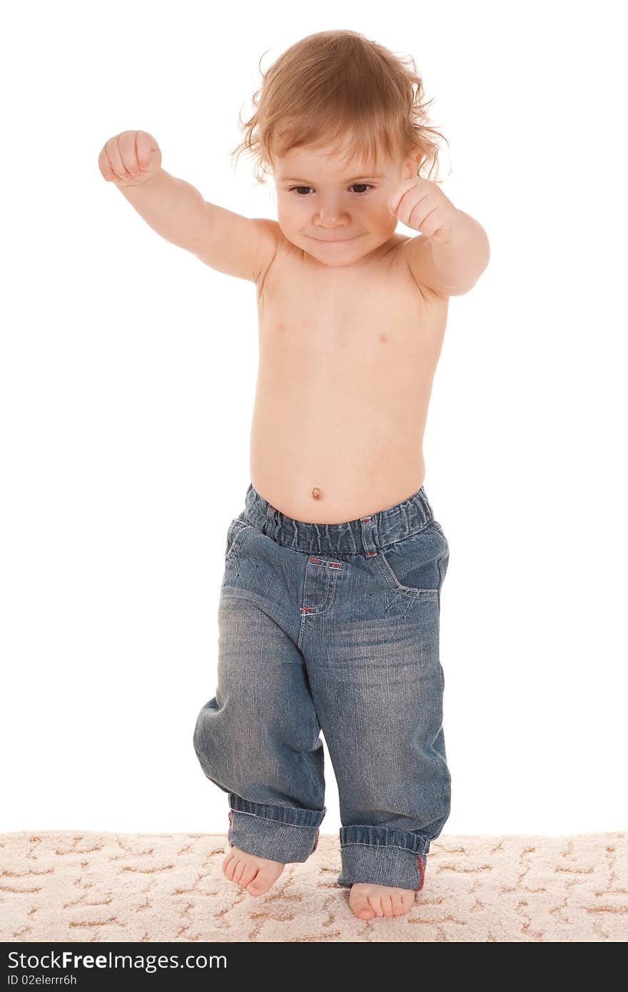 Little Boy in jeans on white