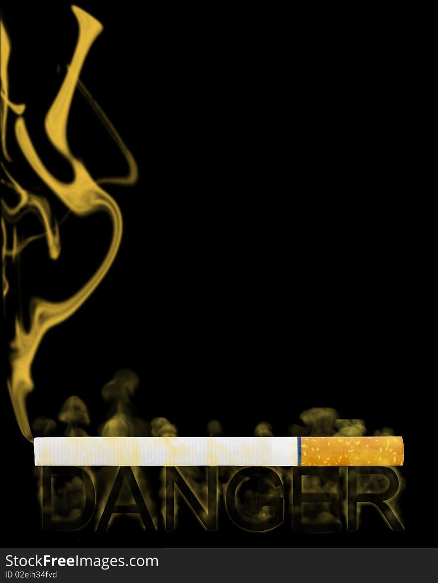 A lit cigarette with smoke coming out with smoky font reading DANGER. A lit cigarette with smoke coming out with smoky font reading DANGER.