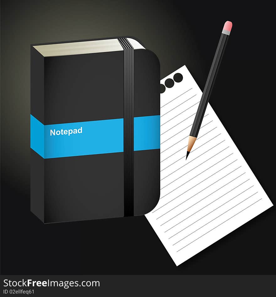 Notepad paper pencil. Vector EPS. Notepad paper pencil. Vector EPS