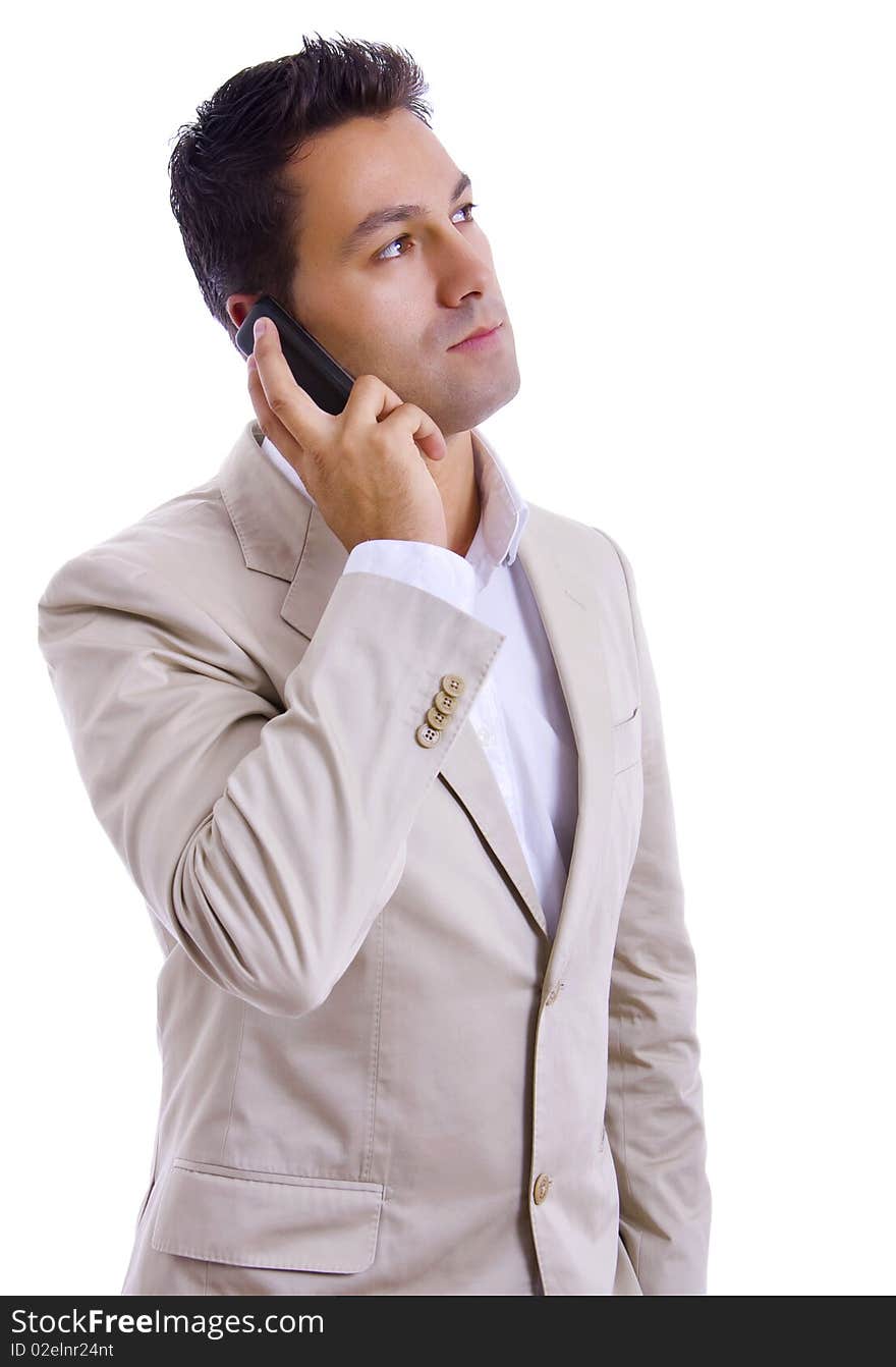 Young business man using cellphone isolated on white background