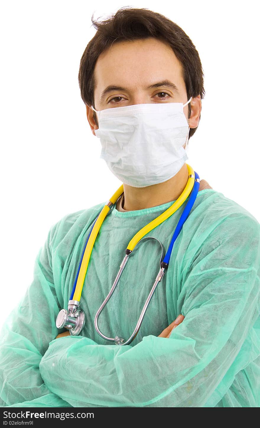 Young male doctor with a stethoscope, isolated on white