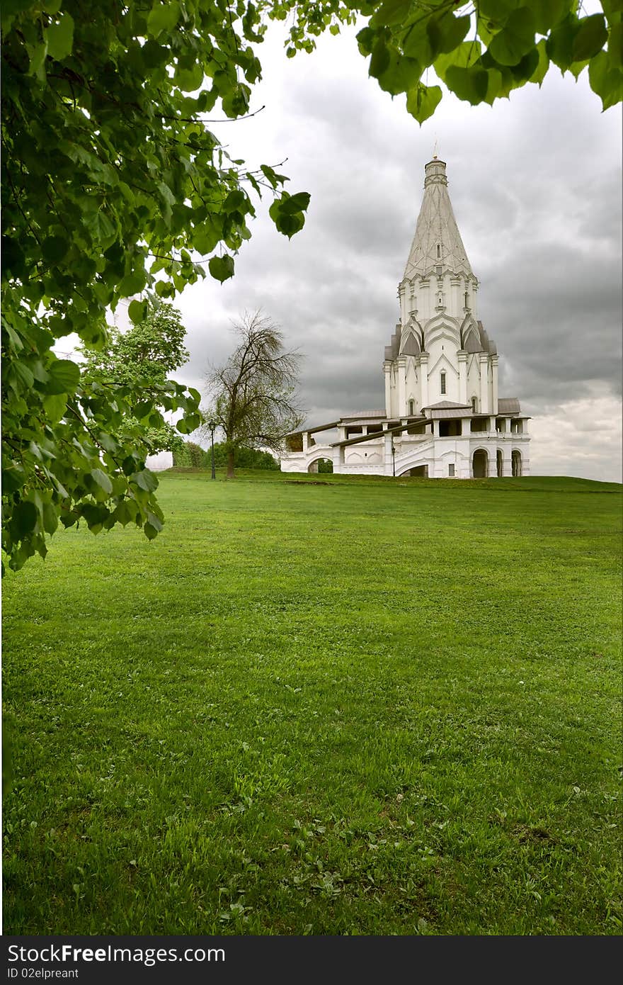 White Temple in Kolomeskoe, Moscow, Russia. Dull day.