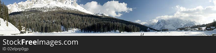 Fantastic landscape of misurina lake in winter time