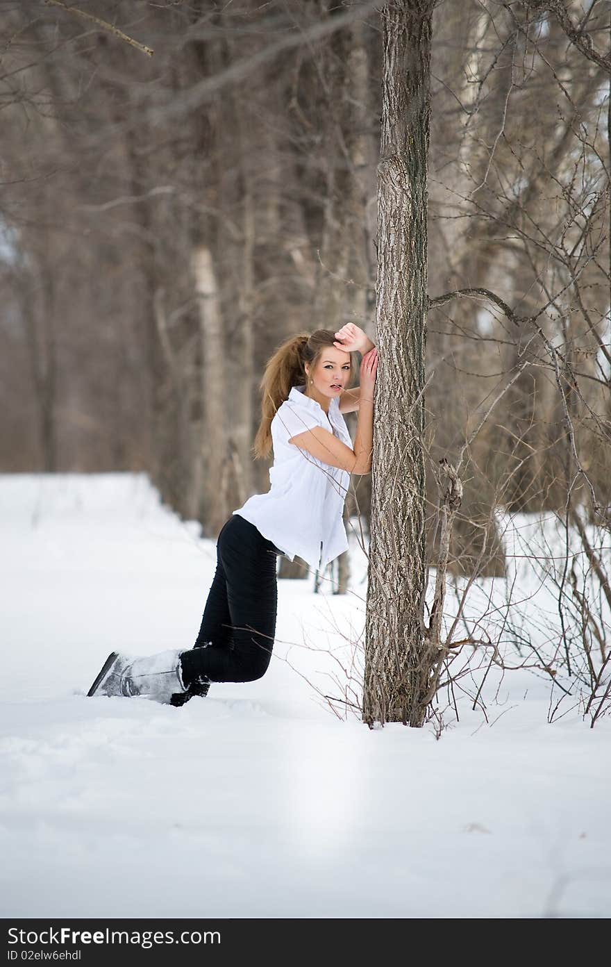 Fashion model posing in snowdrift in wood. Fashion model posing in snowdrift in wood