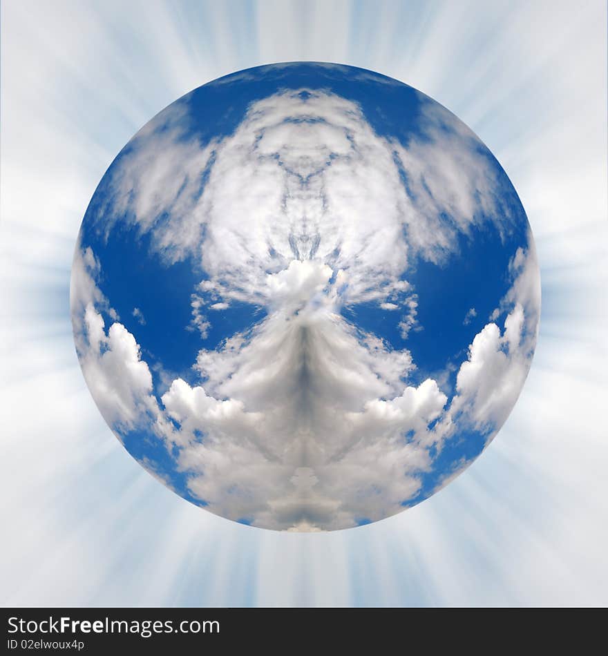 Vew of puffy clouds in blue sky in shape of globe. Vew of puffy clouds in blue sky in shape of globe