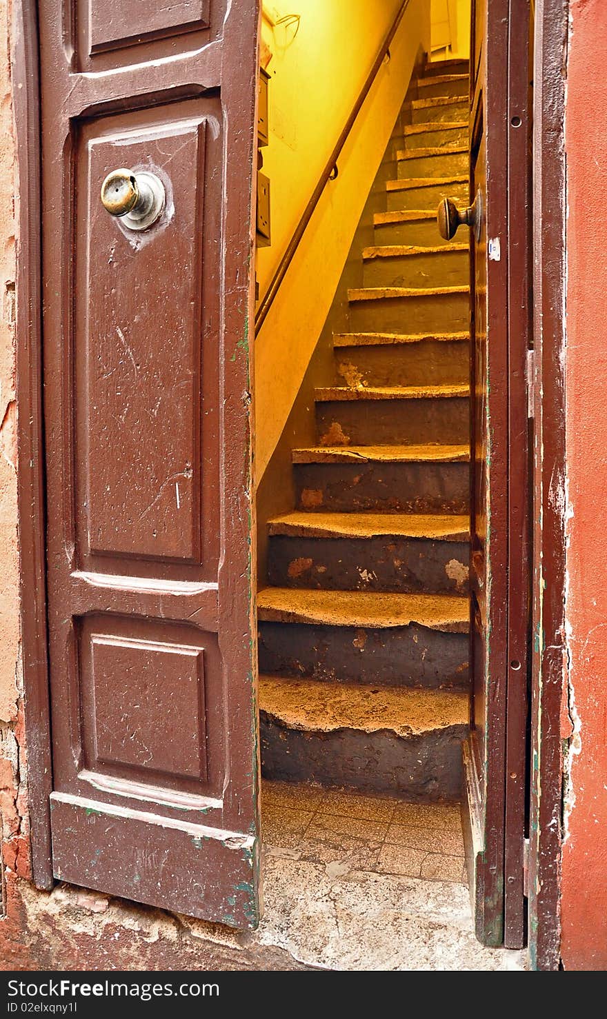 Entrance to old building, the door and step up