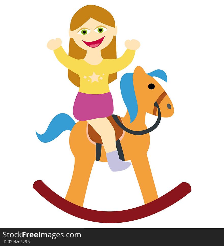 A cute little girl is riding on her rocking horse. A cute little girl is riding on her rocking horse