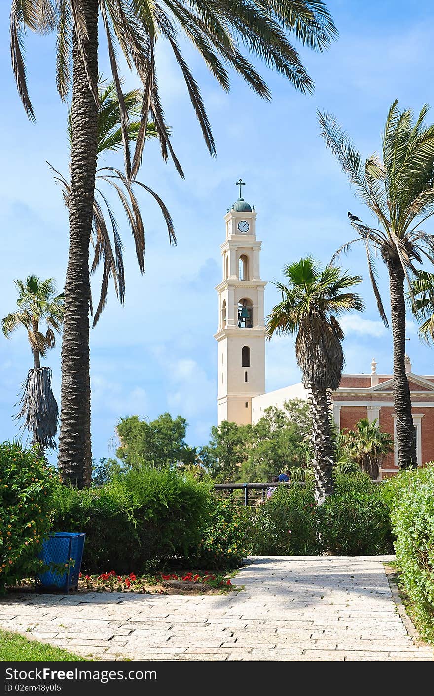 Ancient church in Yafo. Belfry. Israel.