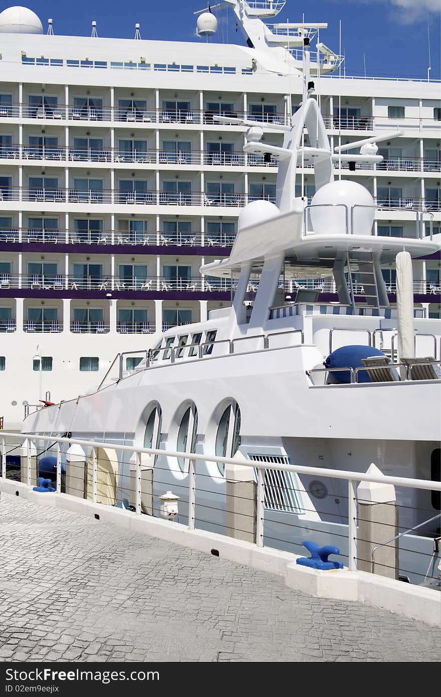 Big Cruise ship at harbour, and a luxury boat in Key West, USA. Big Cruise ship at harbour, and a luxury boat in Key West, USA