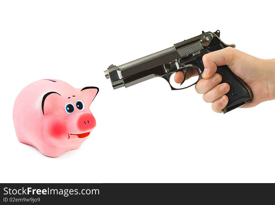 Piggy bank and hand with gun isolated on white background