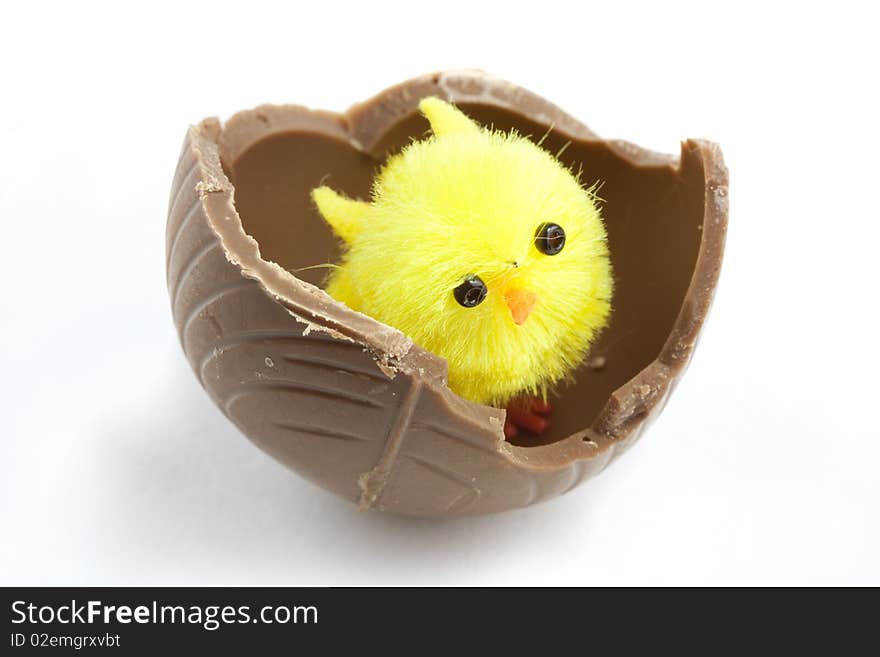 Easter chick inside a broken chocolate easter egg