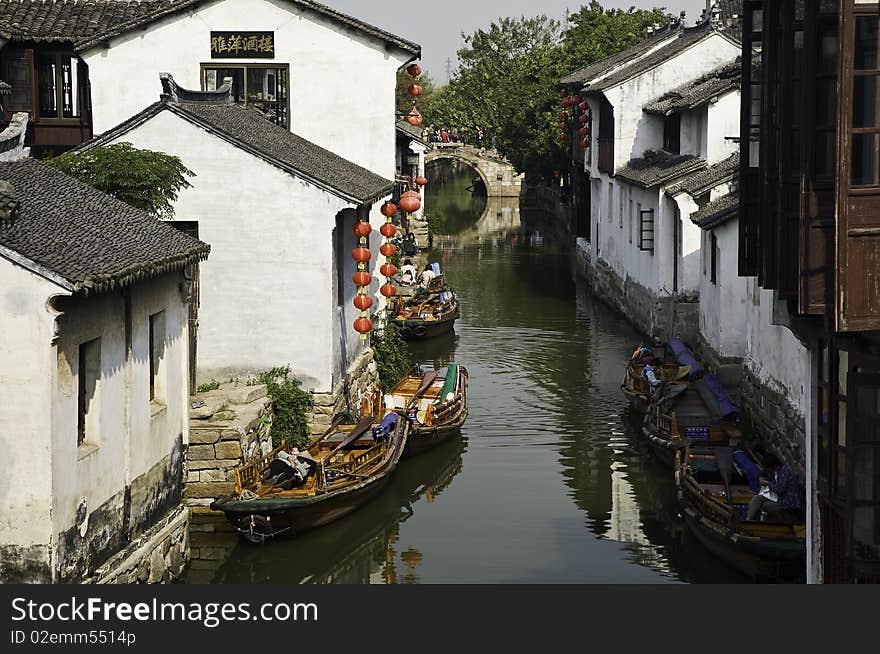 A view of the canal at the ancient water town in Wuzhen Jiangsu China