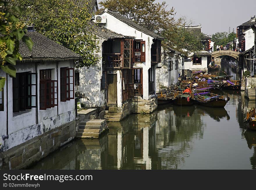 A view of the canal at the ancient water town in Wuzhen Jiangsu China