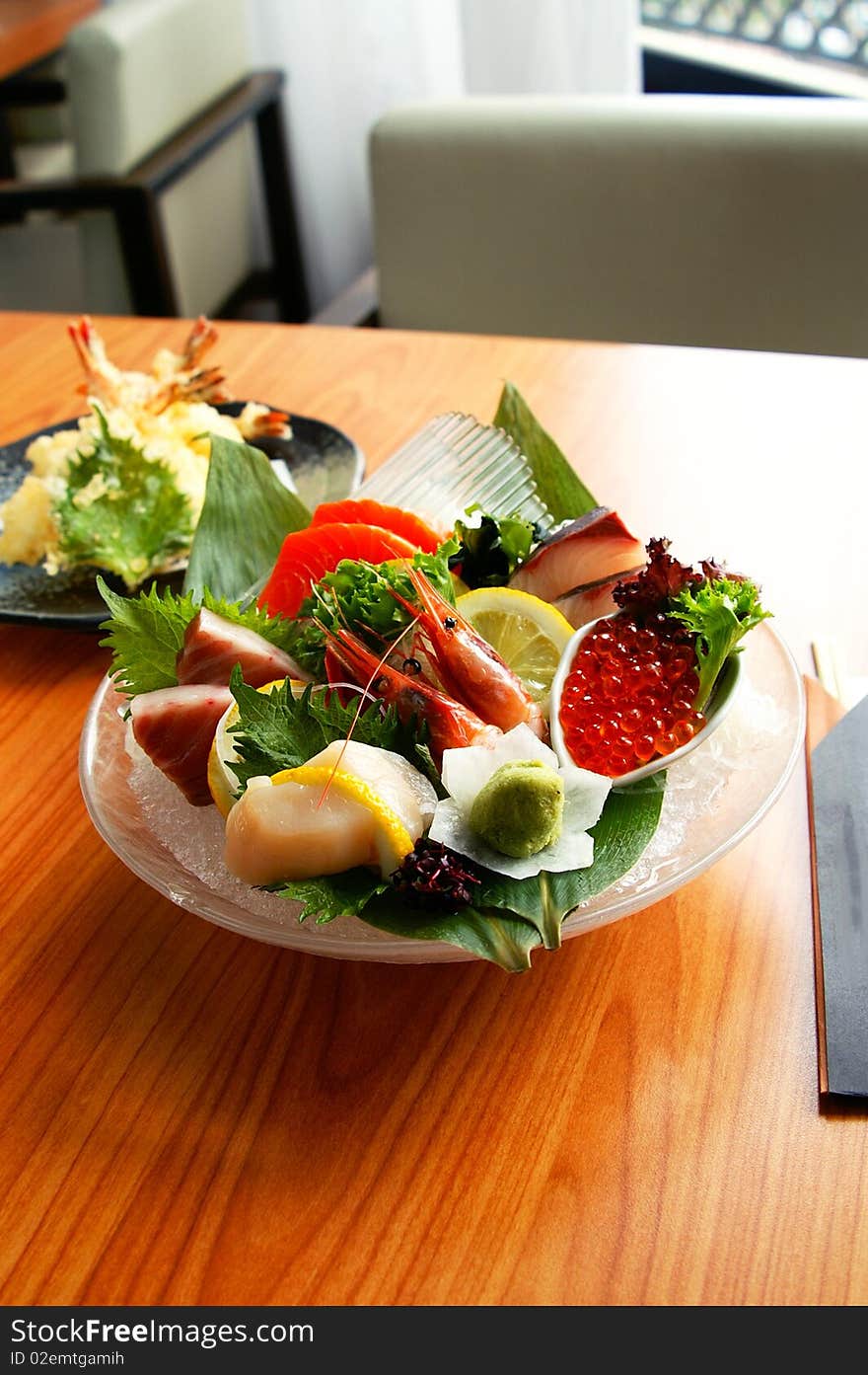 Delicious Japanese seafood platter served at famous restaurant.