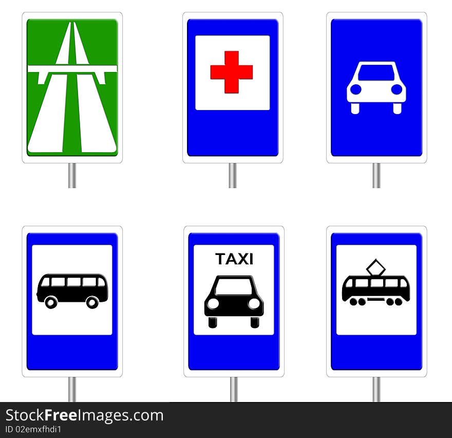 A set of traffic signs on a white background. Set of information signs. A set of traffic signs on a white background. Set of information signs.