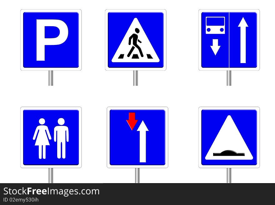 A set of traffic signs on a white background. Set of information signs. A set of traffic signs on a white background. Set of information signs.