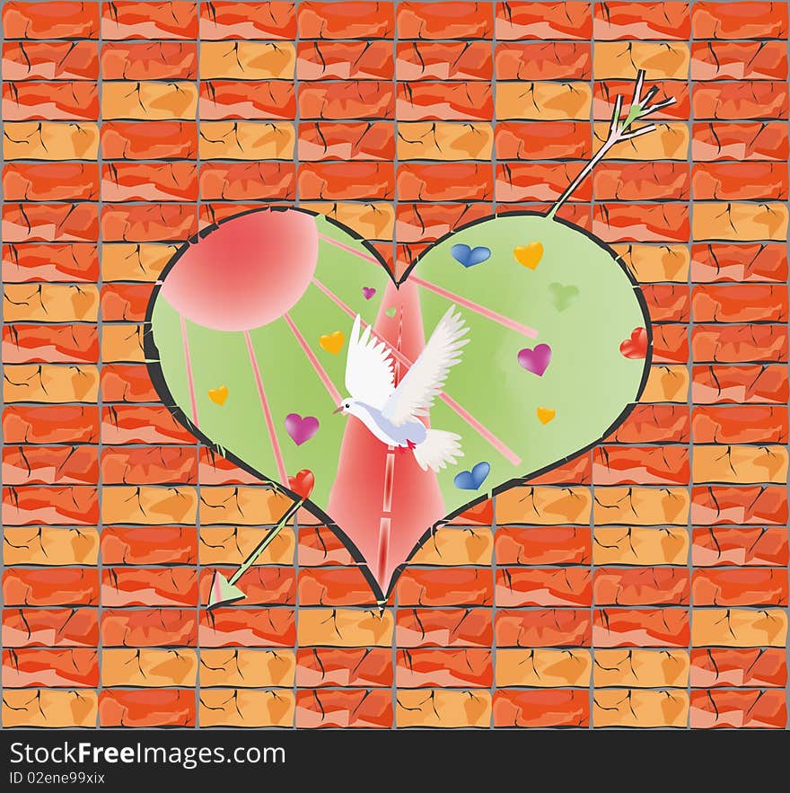 Brick wall in which the hole in the form of heart behind which the enormous world of love is done. Brick wall in which the hole in the form of heart behind which the enormous world of love is done