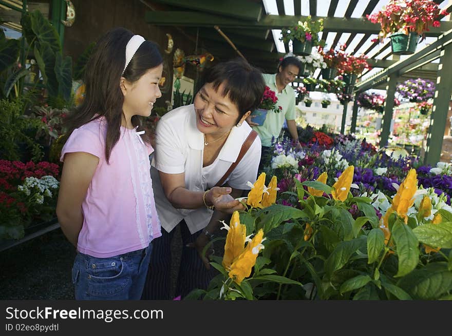 Grandmother with granddaughter looking at plants