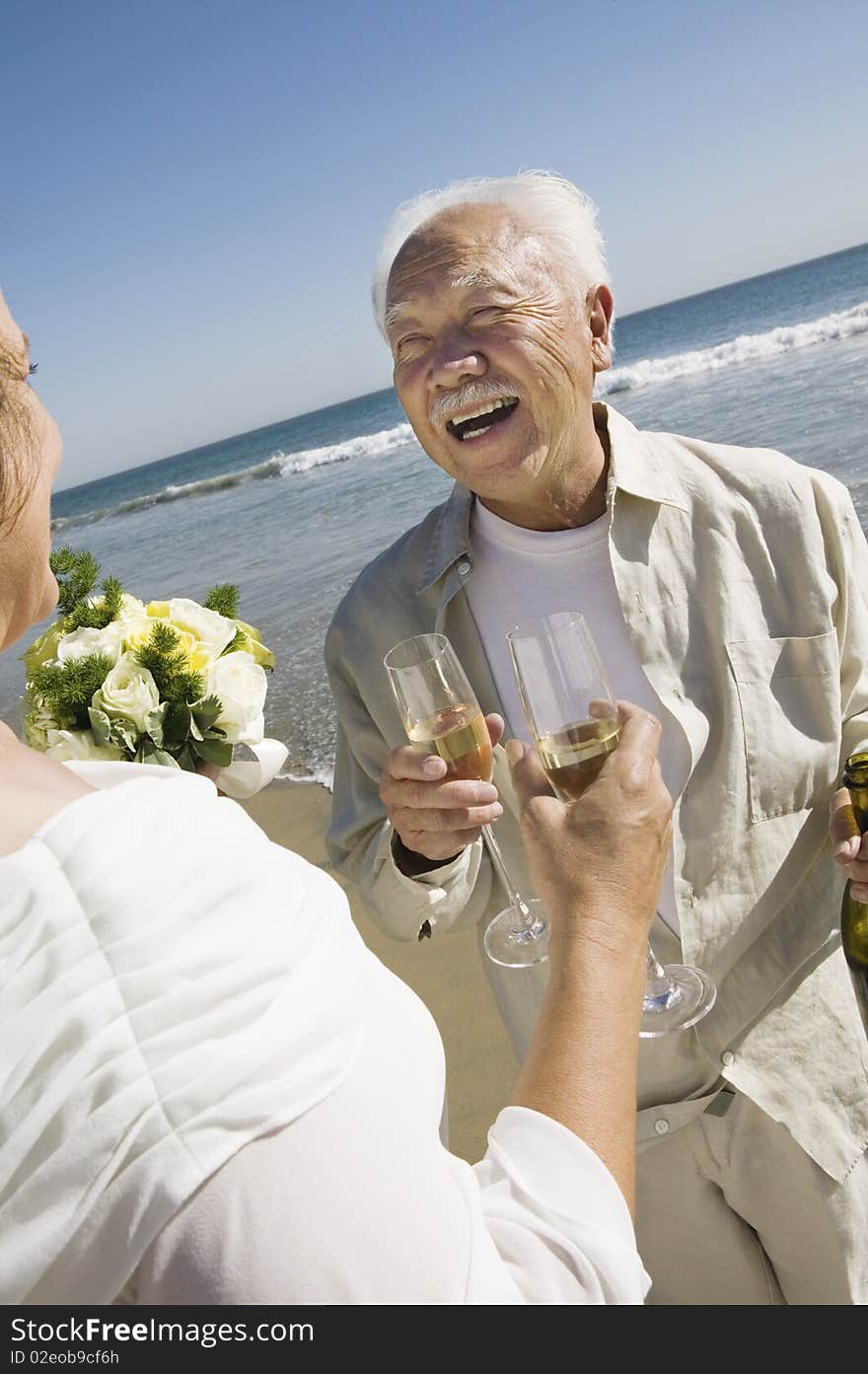 Senior newly weds toasting champagne at beach