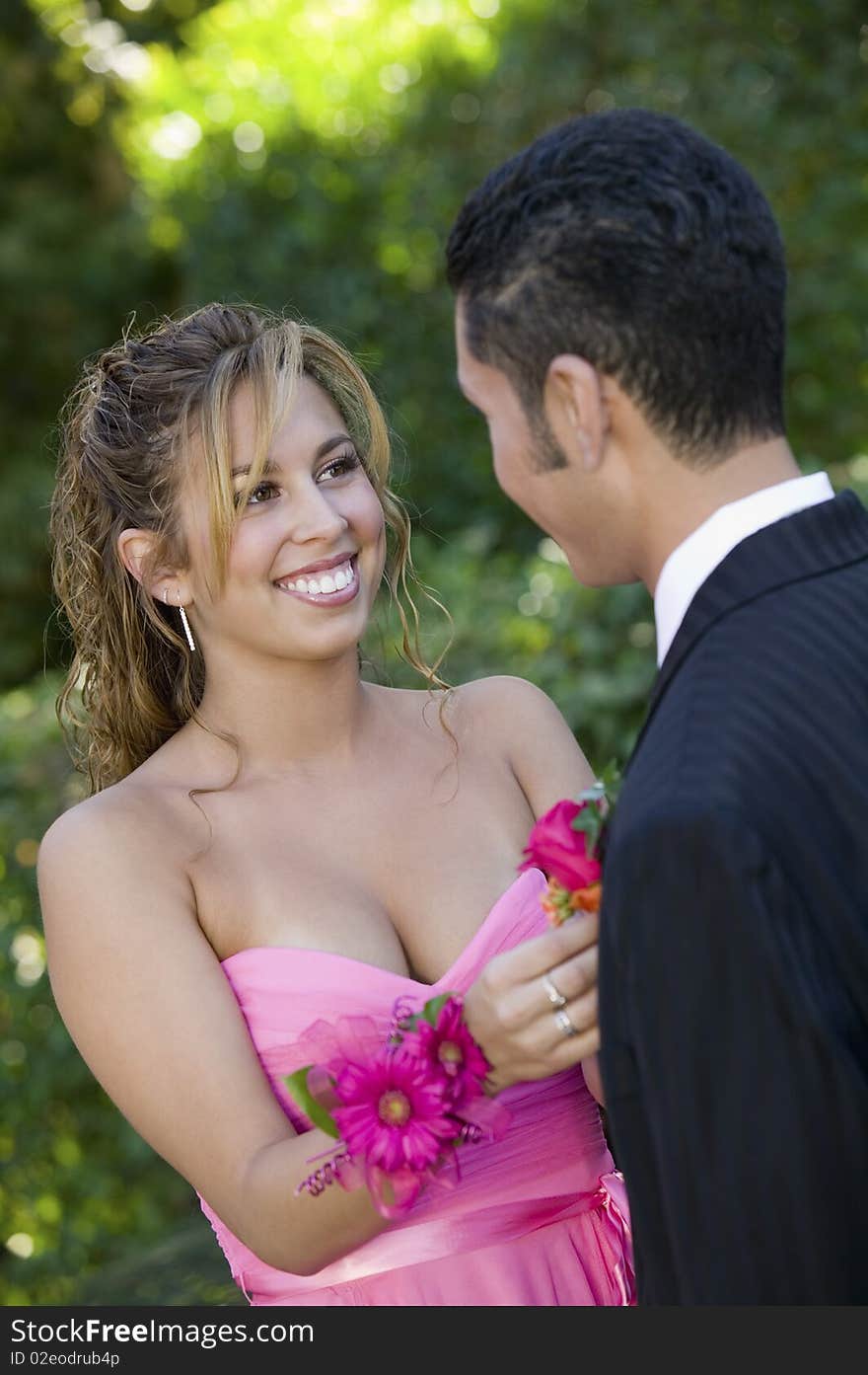 Teenage girl pinning boutonni�re on date outside