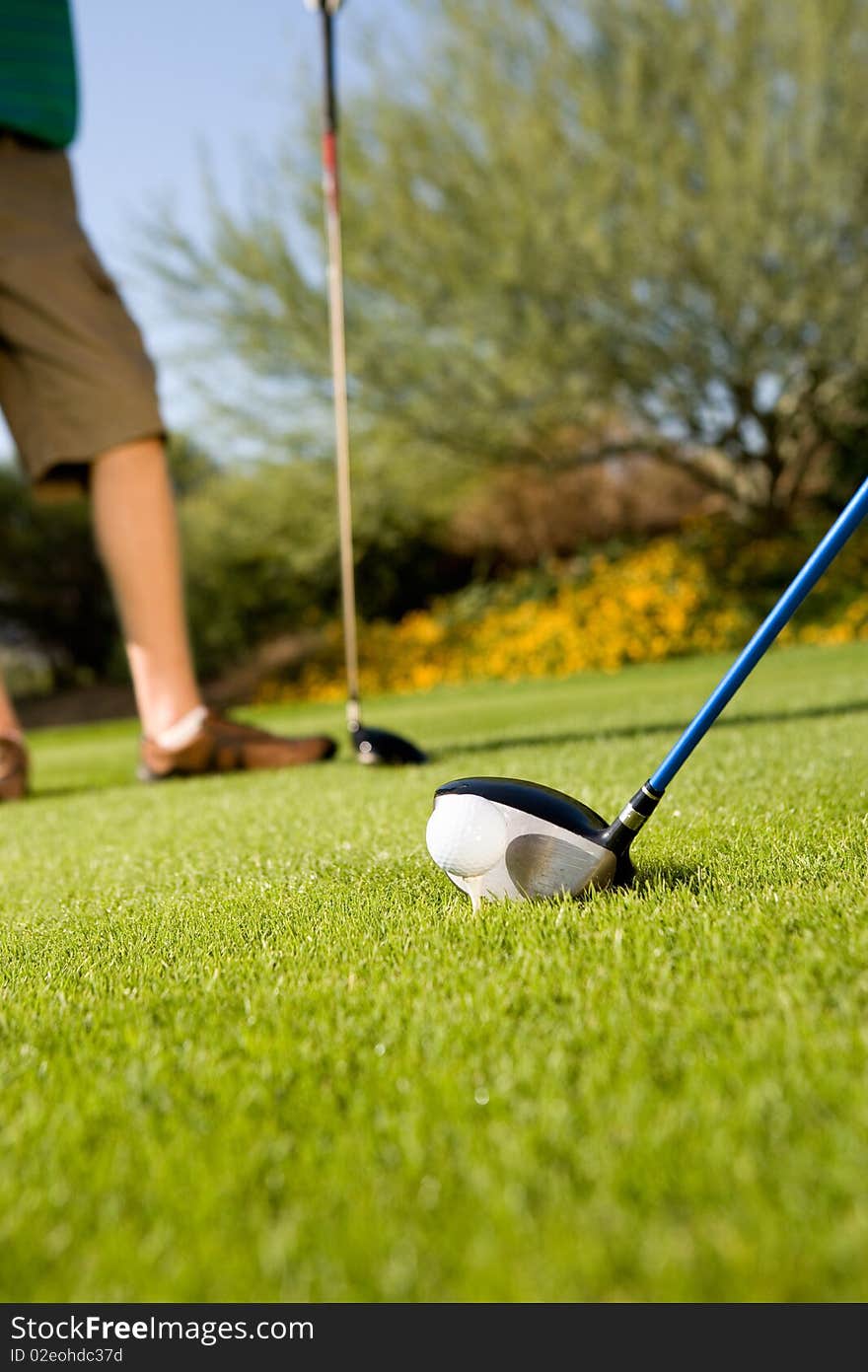 Golfers holding clubs standing on green