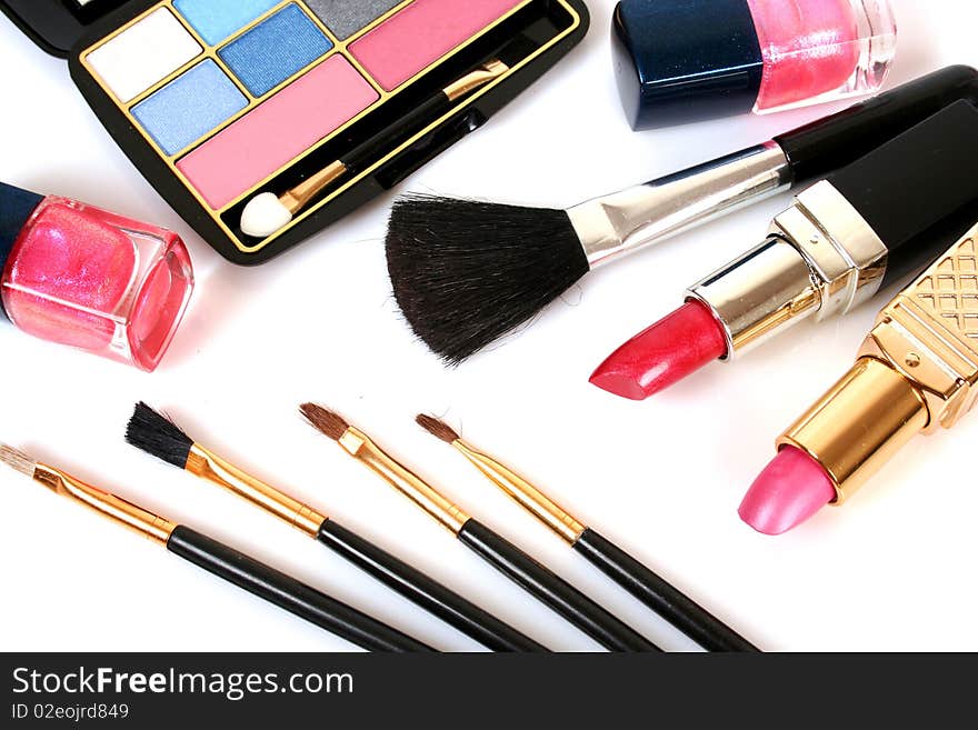 Decorative cosmetics on a white background