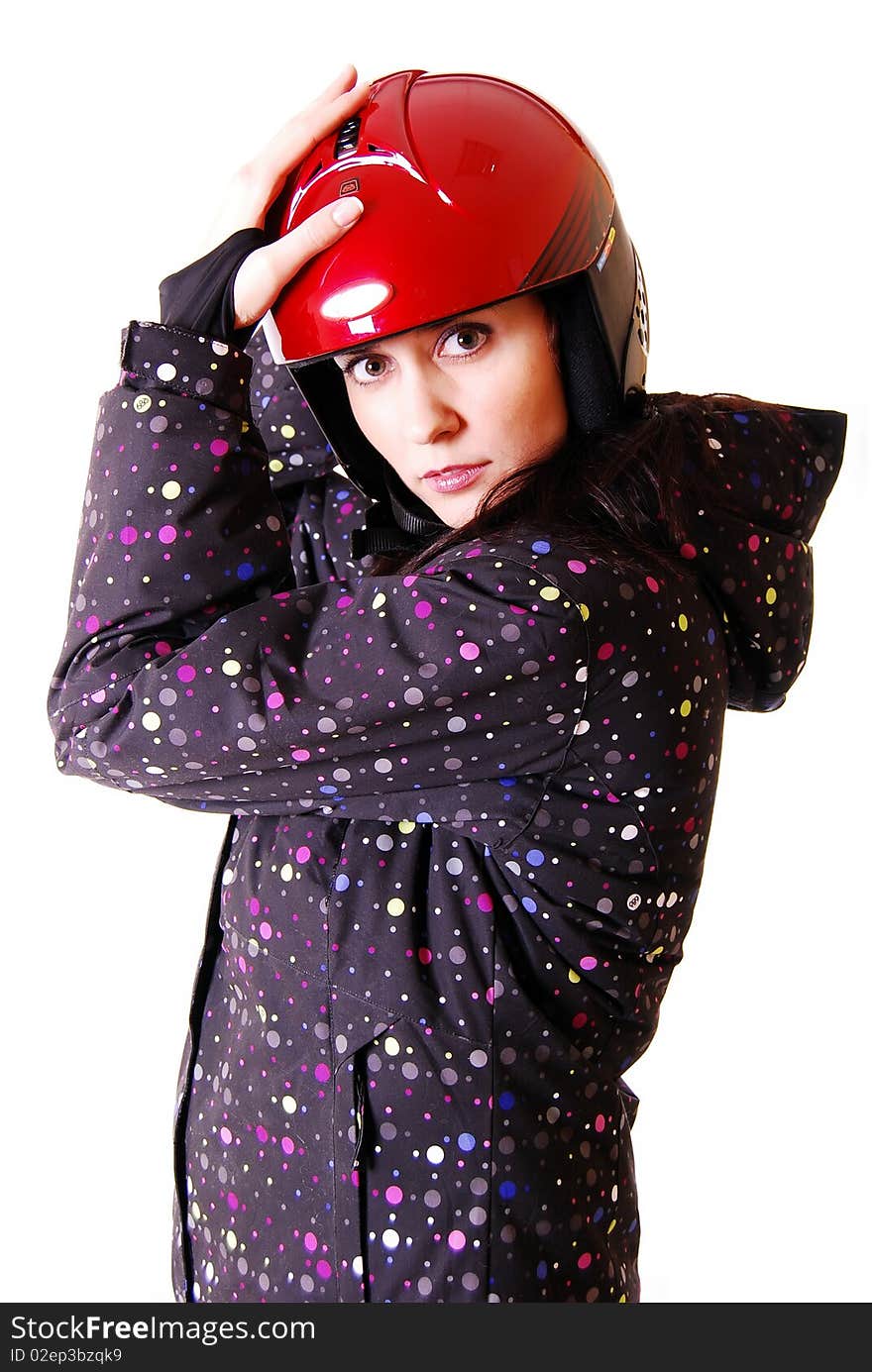 Woman In Red Motorcycle Helmet.