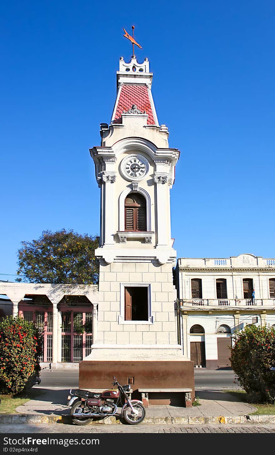 Clock tower in front of train station in Santiago