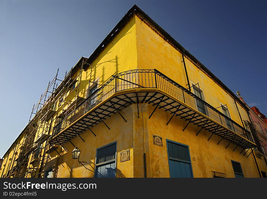 Yellow building facade in Old Havana