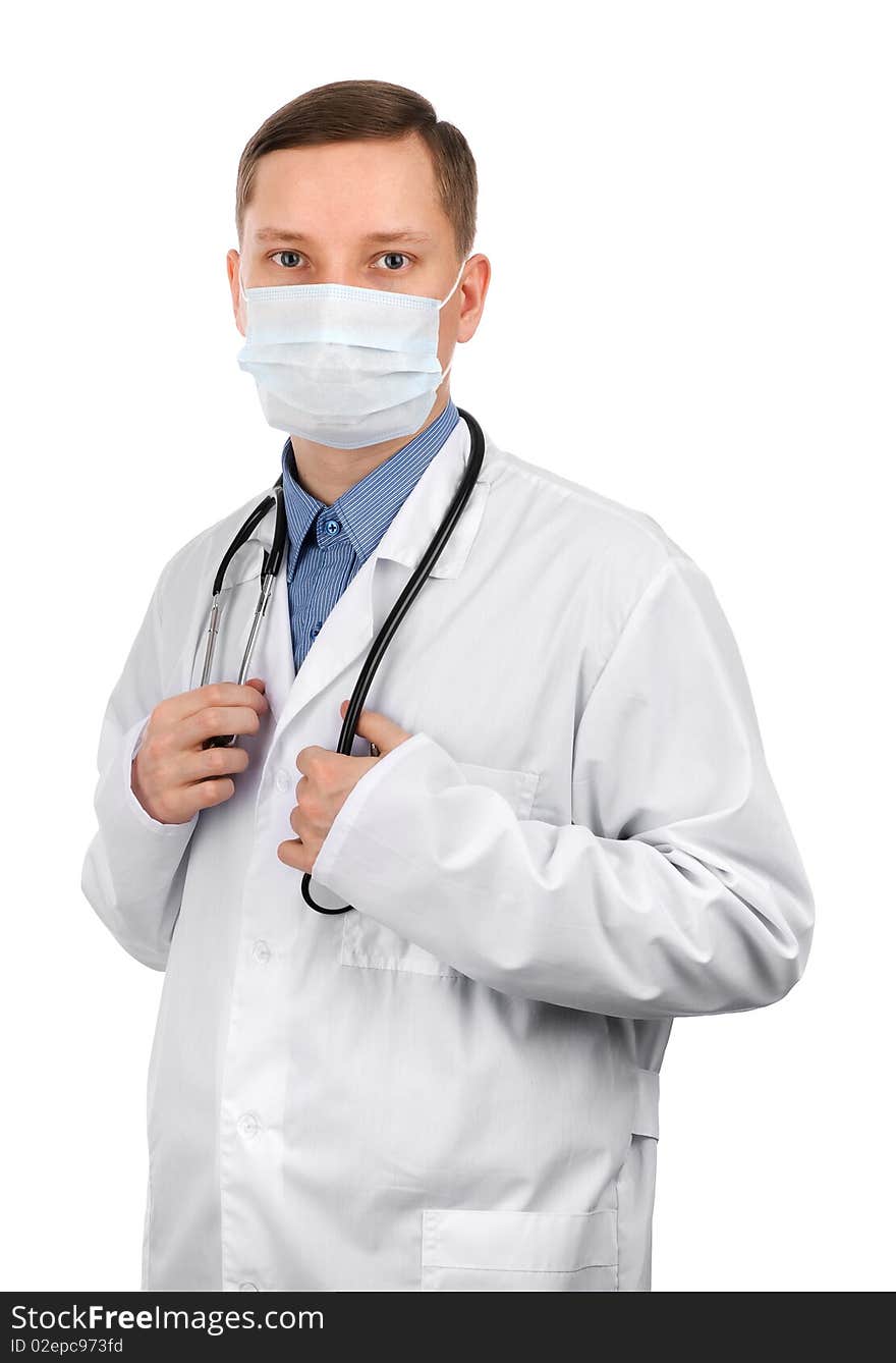 Portrait of a young doctor wearing a mask isolated over white