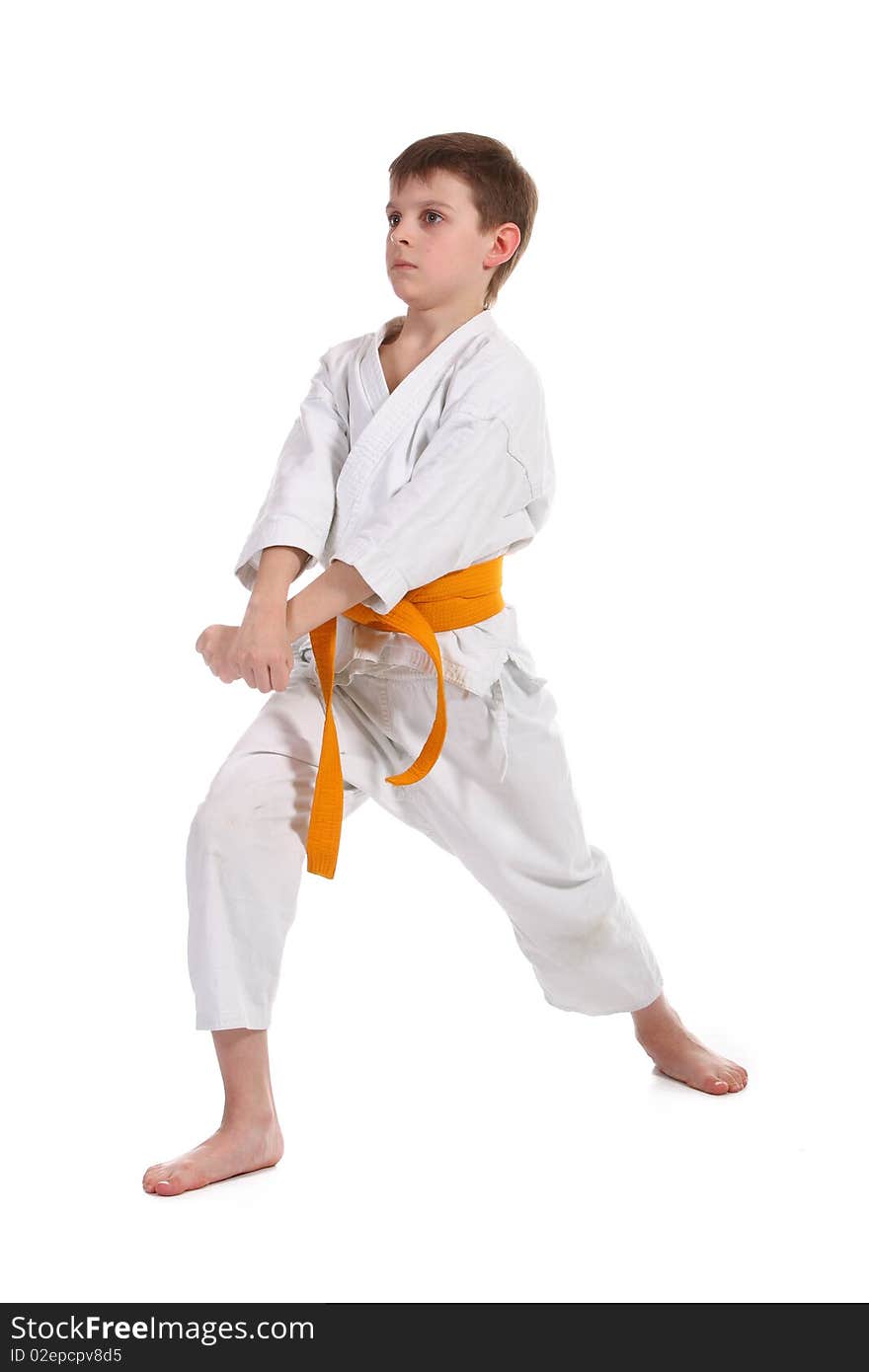 Little boy practice karate isolated on white background